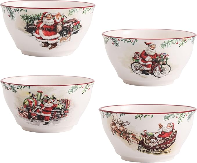 Bico Santa On The Way Cereal Bowls Set of 4, 25 oz Deep Ceramic Soup Bowls for Cereal, Salad, Noodles, Kitchen, Microwave and Dishwasher Safe, Gift for Housewarming and Christmas