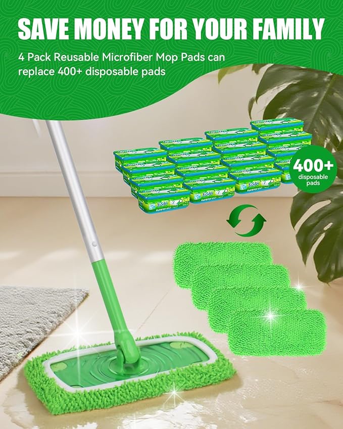 Reusable Microfiber Mop Pads Compatible with Swiffer Sweeper Mop, Wet Pads Refill, Chenille Dry Sweeping Cloths, Washable Wet Mopping Cloths & Dry Cloths for Hardwood Floor Cleaning, 4 Pack