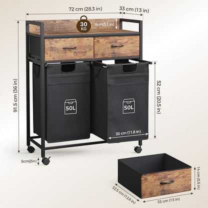 Laundry Hamper baskets 2 Section with 2 Drawers, 100L Laundry Sorter with Wheels Pull-Out Removable Laundry Bags, Rustic Brown and Black