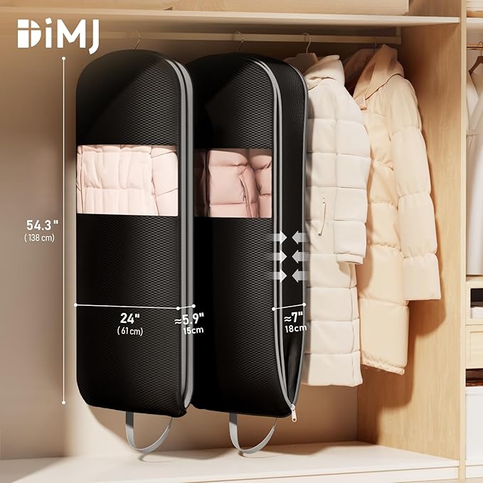 DIMJ 4 Pack 54" Garment Bags for Hanging Clothes - Space Saving Compression Suit Bag Travel with Handles Window, Washable Carry Clothing Storage Cover for Dress, Coats, Down Jacket, Shirts