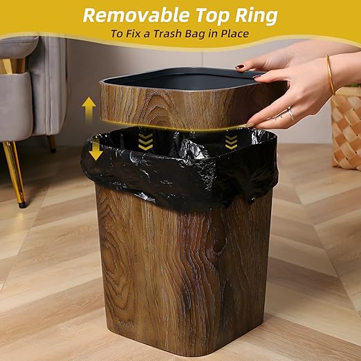 Wood Grain Plastic Trash Can Bedroom, Square 2-Pack, 3.7 Gal Farmhouse Wastebasket Bin Retro Style, Brown Trash Can for Room Aesthetic, Open Top Garbage Can for Office, Living Room, Hotel, Bathroom