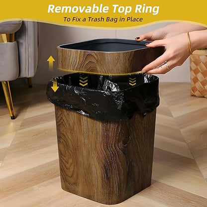 Wood Grain Plastic Trash Can Bedroom, Square 2-Pack, 3.7 Gal Farmhouse Wastebasket Bin Retro Style, Brown Trash Can for Room Aesthetic, Open Top Garbage Can for Office, Living Room, Hotel, Bathroom