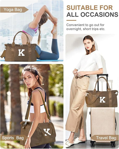 Birthday Graduation Gifts for Daughter,Initial Travel Duffel Bag Sports Gym Bag for Girls Teen Kids Birthday Gifts,Personalized Weekender Bag Carry On Tote Bags Cute Overnight Bag for Women(Brown, K)