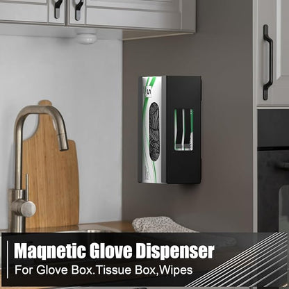 Magnetic Glove Box Holder, Disposable Glove Dispenser Wall Mount, Metal Glove Rack Organizer for Rubber Latex Gloves Tissue Box, Black