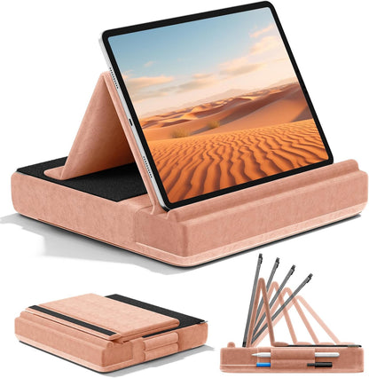 KDD Tablet Pillow Stand, Multi-Angle Viewing Ipad Holder for Lap, Bed and Desk, Foldable Soft Pad Dock with Stylus Mount Compatible with Ipad Pro 12.9, 10.5, 11, Air, Mini, Phones, Books, E-Reader