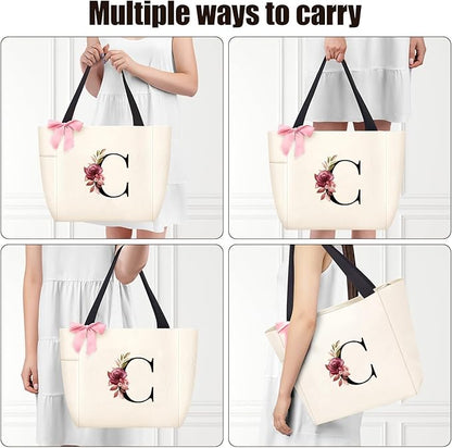 Vavabox Tote Bag, A-Z Initial Monogrammed Waterproof Tote Bag, Bridesmaid Gifts for Women, Black and Pink