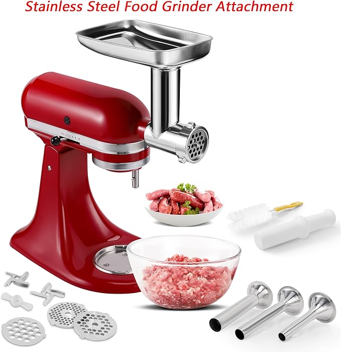 KINGEAGLE Food Grinder Attachment for KitchenAid Mixers,Stainless Steel Dishwasher Safe Meat Mincer Accessories Set Included 3 Sausage Stuffer Tubes