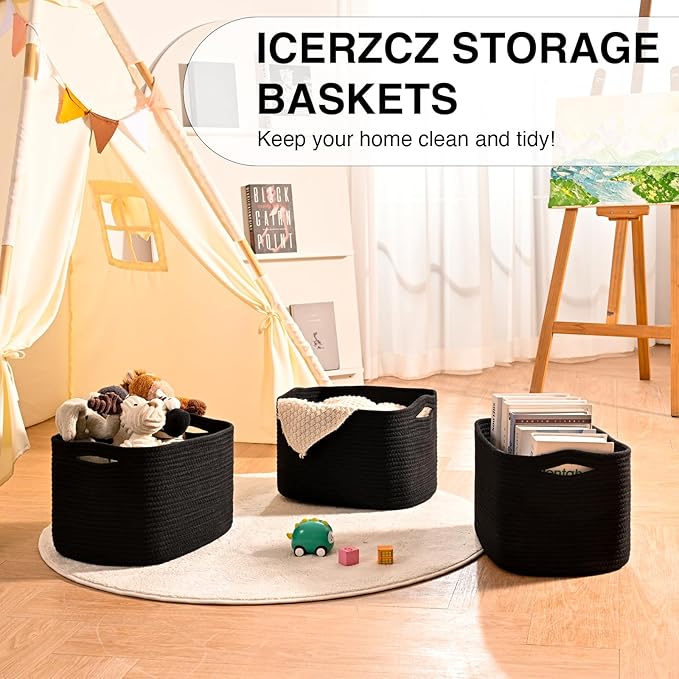 Black Storage Baskets for Organizing Shelves, Toy Basket for Nursery, Woven Cotton Rope Basket for Decor, Towel Baskets for Bathroom, 15"x11"x9.5", 3 Packs, Black