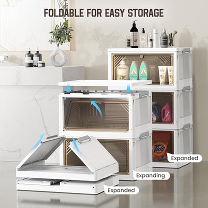 AHEONLAR 144 Quart 3 Tier Plastic Storage Bins with Lid - Foldable Stackable Storage Bins with Doors - Closet Organizers and Storage - Plastic Drawer Storage for Bedroom StudToy Room Office（48QT×3）