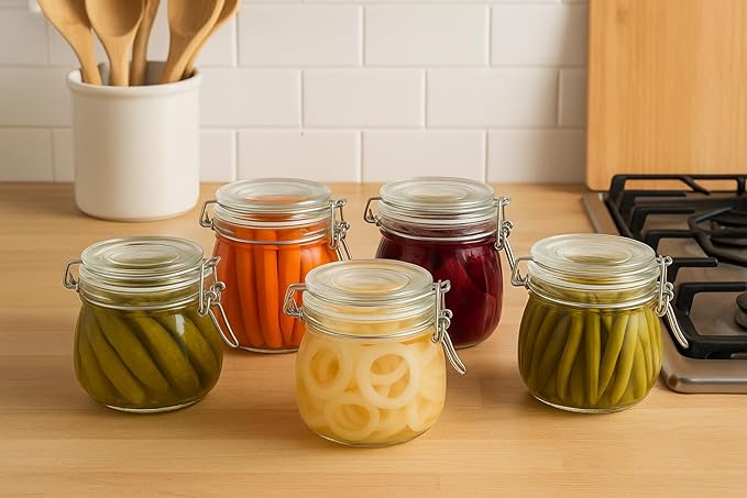 17oz Airtight Glass Jars with Lids, Small Food Storage Container Set of 6, Wire Clip Canisters Mason Jars for Canning Pickling Spice Herb