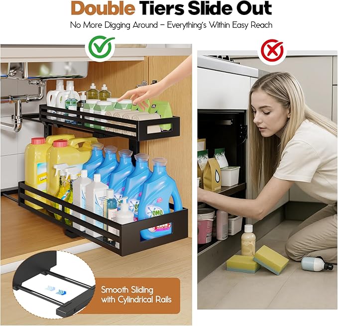 2-Pack 20.47"Deep Under Sink Organizer And Storage,2-Tier L-Shaped Pull Out Cabinet Organizer with Upgraded Slide Rails,Height Adjustable Drawers for Kitchen&Bathroom,Extra-Large Storage Shelves–Black