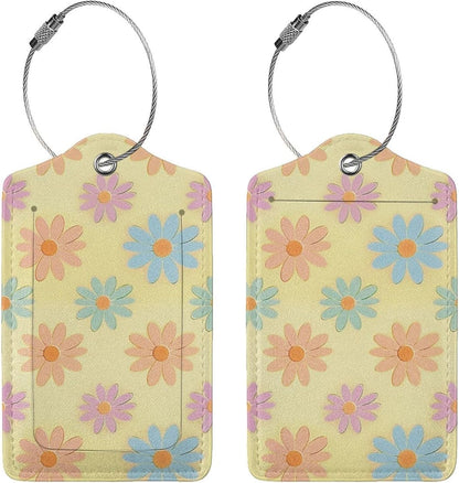 Flowers Leather Luggage Tag with Stainless Steel Ring, Fun Name Id Card Cover Travel Bag Tag Set, Suitable for Travel Bag Luggage Women Men 4 PCS