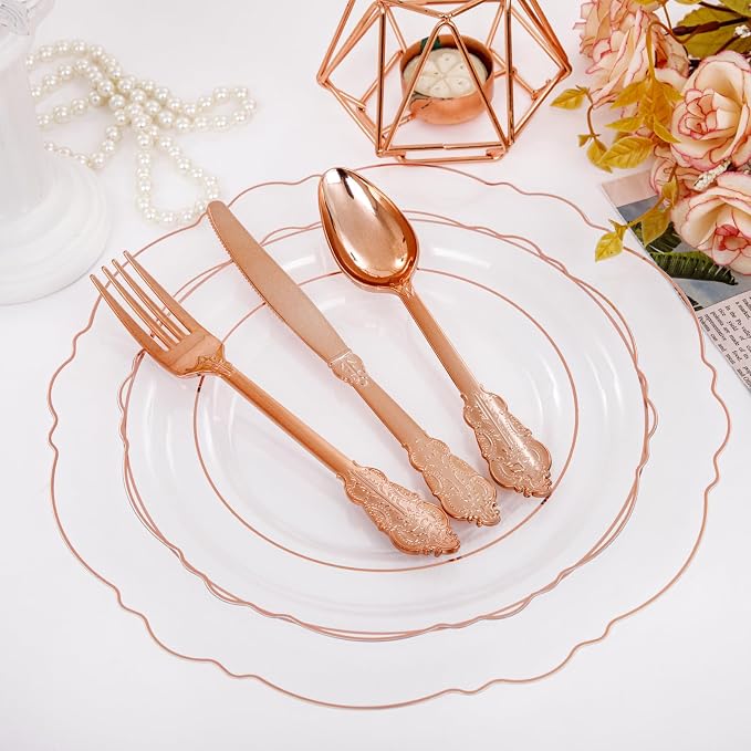 100pcs Rose Gold Plates Plastic Disposable