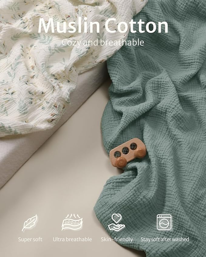 Blissful Diary Muslin Mini Crib Sheets, Pack and Play Mattress Sheets Fitted for Pack N Play, Soft Cotton for Boys Girls, 2 Pack(Roman Green&Leaf)