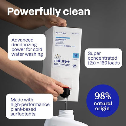 ATTITUDE Liquid Laundry Detergent Refill, EWG Verified, HE Compatible, Plant-Based & Vegan, Natural Laundry Soap, Citrus Zest Scent, 160 Loads, 135.26 Fl Oz