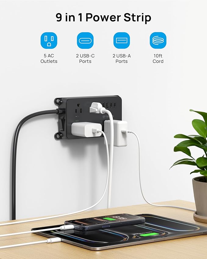 TROND Surge Protector Power Strip with USB, 10ft Extension Cord, ETL Listed, 5 Widely-Spaced Outlets with 4 USB Ports, 1300J, Low-Profile Flat Plug, Wall Mountable, 14AWG Heavy Duty, Black
