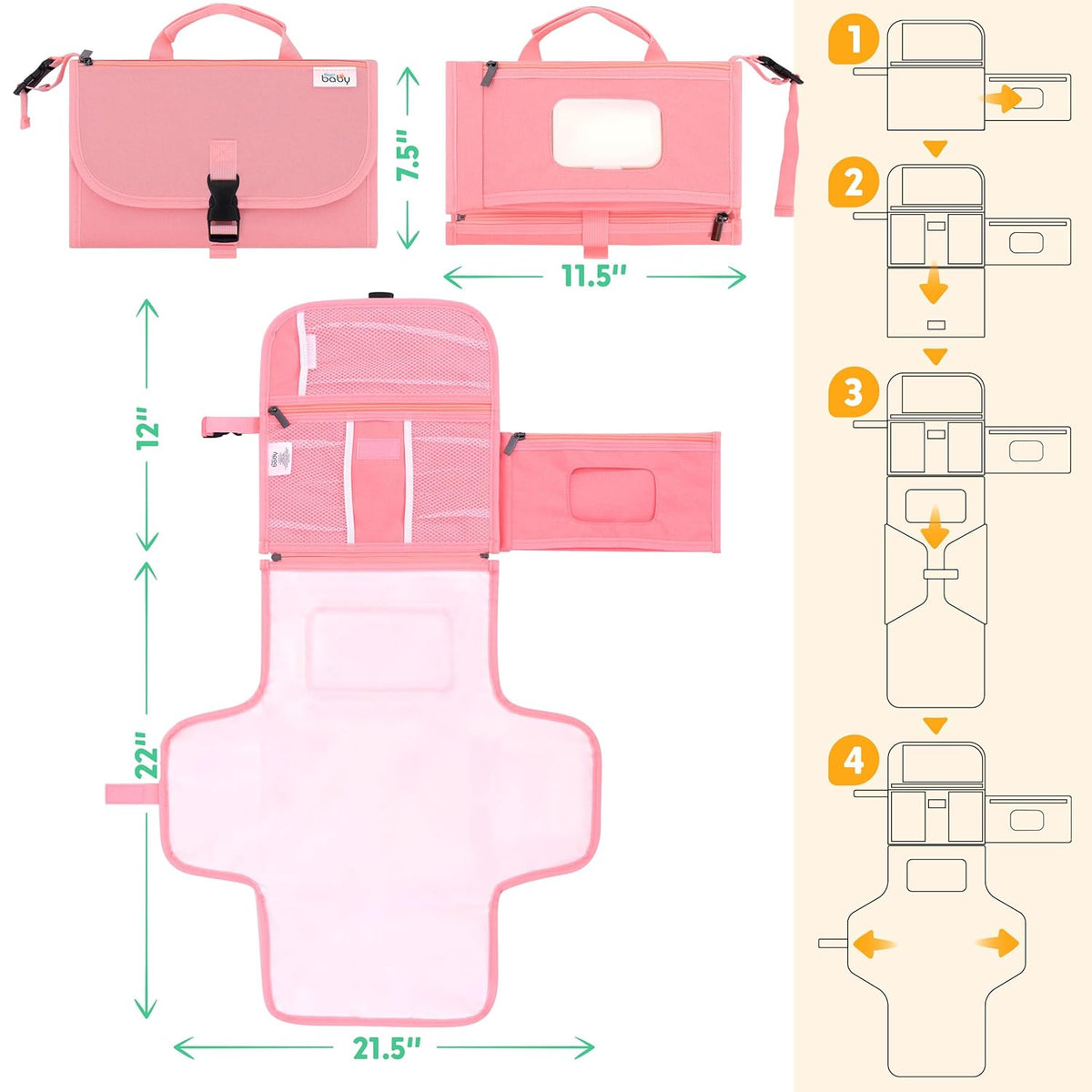 Kopi Baby Portable Diaper Changing Pad - Baby Diaper Changer Travel Bag with Wipes Pocket, Smart Design Portable Changing Mat, Infant Travel Station Kit, Gift for Newborn Girl & Boy - Pink, Premium