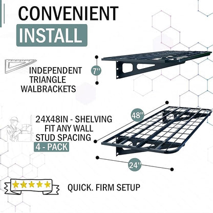 4-Pack 2x4ft Garage Wall Shelving, 4 Shelf Total 16 ft(L) Garage Shelving Wall Mounted, Heavy-Duty Storage Shelves, Perfect for Holding Storage Bins, Sporting Goods, Tools, and More Space-Saving