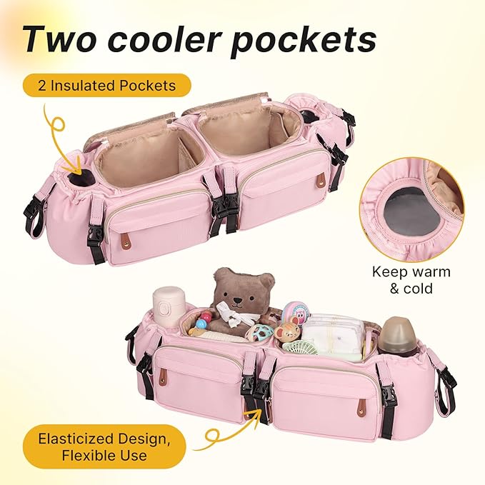 Double Stroller Organizer for Bob Duallie and Baby Jogger City Mini GT2, Double Stroller Caddy Organizers with Cup Holder and 2 Cooler Pockets Parent Console Double Stroller Accessories