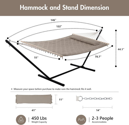ANOW 2 Person Hammock with 12FT Stand, Heavy Duty Hammock with Stand for Outdoors, 450 LBS Weight Capacity, Light Brown
