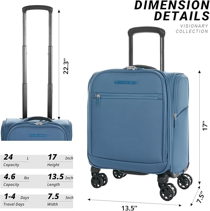 Verage Under Seat Luggage with Wheels, Softside Small Suitcase Spinner Carry On Luggage Bags for Airlines Airplanes Short Trip Men Women (Coast Blue, 14-Inch Underseat)