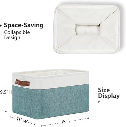 DULLEMELO Storage Baskets for Shelves, Fabric Collapsible Rectangular Storage Bins for Shelves, Closets, Nursery, Home, Office, Empty Gift Baskets (4-Pack-15"*11"*9.5", White&Deep Green)
