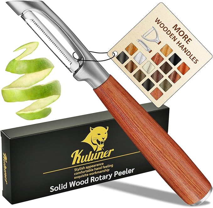 KULUNER，Premium High-End Rosewood Handle and 304 Stainless Steel Serrated Blade - An Ultra-Sharp Rotating Peeler for Potatoes, Fruits, and Vegetables, Ergonomically Designed for Easy Peeling.