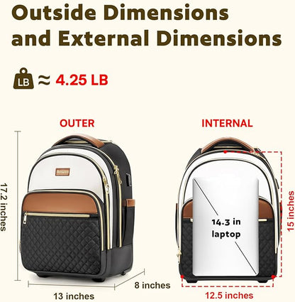 Small Rolling Backpack for Women, Lightweight Travel Backpack with Wheels, Roller Backpacks for Adults, Water Resistant Rolling Laptop Bag, Wheeled Underseat Carry On Luggage, Beige Brown