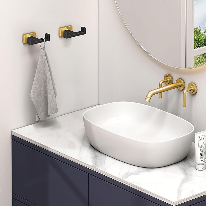Angle Simple Towel Hook Black & Gold 2 PCS, Stainless Steel Double Hook for Bathroom, Square Robe Hook, Hand Towel Holder for Wall
