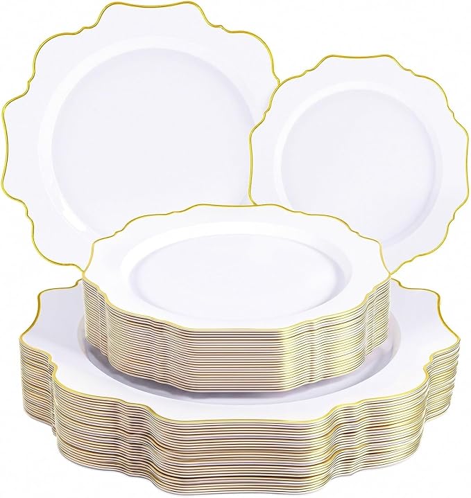 50PCS White and Gold Plastic Plates