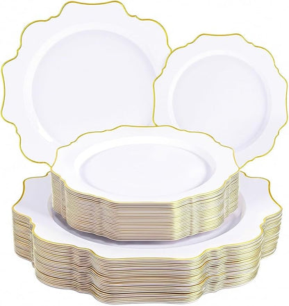 50PCS White and Gold Plastic Plates