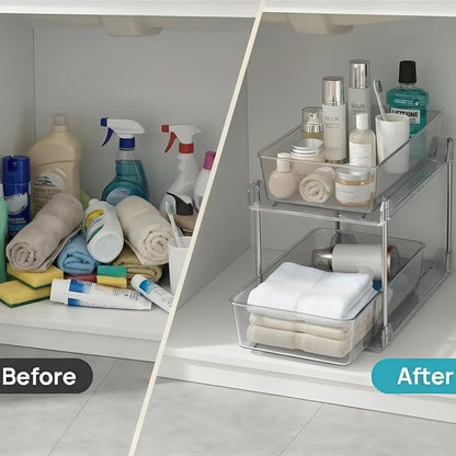 Bathroom Organizers and Storage,2-Tier Clear Under Sink and Pull-Out Cabinet Organizer with Track for Kitchen, Pantry,Vanity Countertop,Medicine Cabinet,Closet Drawers Bins