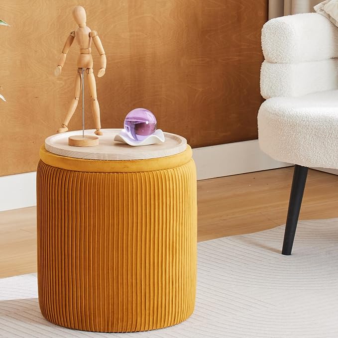 Round Ottoman with Storage Set of 2-Upholstered Velvet Vanity Stool for Makeup Multifunctional Ottomans Coffee Table Padded Seat Foot Rest for Living Room&Bedroom (Yellow-Upgrade Tray Lid)
