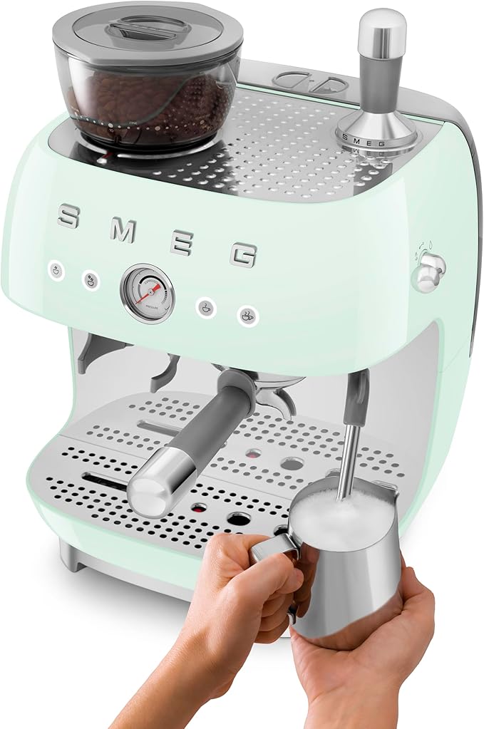 Smeg EGF03 Semi-Automatic Espresso Machine with Built-In Grinder, Dual Thermoblock, 50’s Retro Style – Pastel Green (120 V)