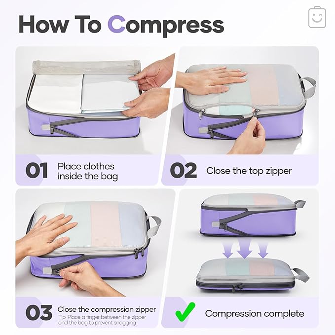 Veken 9/11 Set Compression Packing Cubes for Travel Essentials,Compressible Expandable Large Luggage Suitcase Organizer Bags for Clothing,Durable Space Saver Storage Bags(Light Purple)
