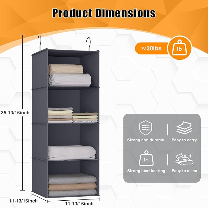 Hanging Closet Organizer, Easy Mount Foldable 4-Shelf Hanging Closet Wardrobe Storage Shelves, Clothes Handbag Shoes Accessories Storage, Washable Oxford Cloth Fabric, Dark Grey