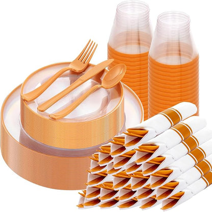 SUT 175Pcs Orange and Clear Plastic Dinnerware Set