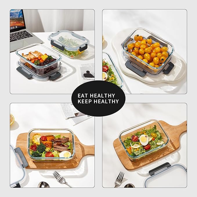 10 Pack Glass Meal Prep Containers with Lids, Reusable Airtight Leakproof Glass Lunch Bento Boxes, Freezer, Microwave Oven and Dishwasher Safe, Gray