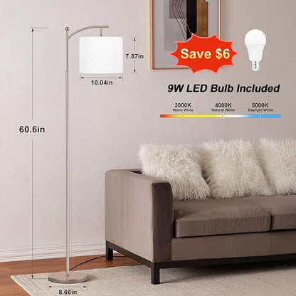 60" Floor Lamps for Living Room with 3 Color Temperatures, Adjustable White Shade with Light Gold Pole, Tall Lamps for Living Room Bedroom Office Classroom Dorm Room, 9W Bulb Included