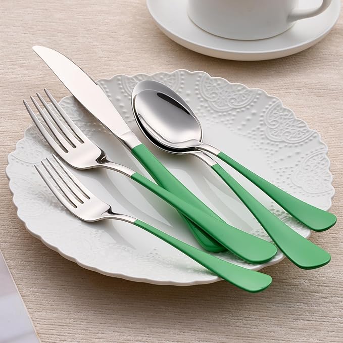 20-Piece Green Silverware Set 18/0 Stainless Steel Silverware Set Green Handle Cutlery Set Service for 4 Dinner Knives Forks Spoons Set Flatware Set Finish Dishwasher Safe…