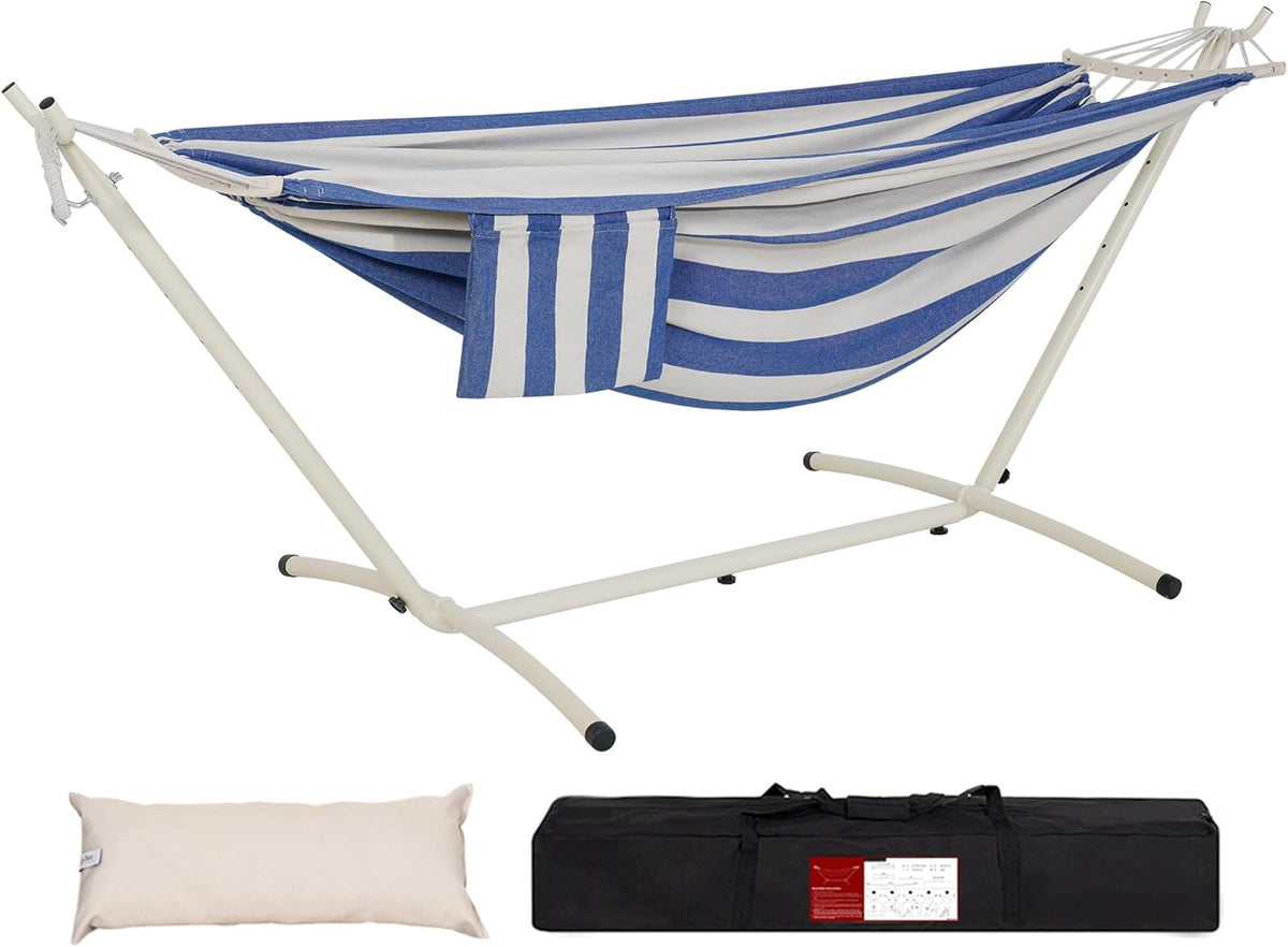 LazyDaze Hammocks Double Hammock with Stand - 2 Person Heavy Duty Outdoor Hammock for Adults, Includes Durable Steel Stand, Portable Carrying Bag and Pillow, Blue White