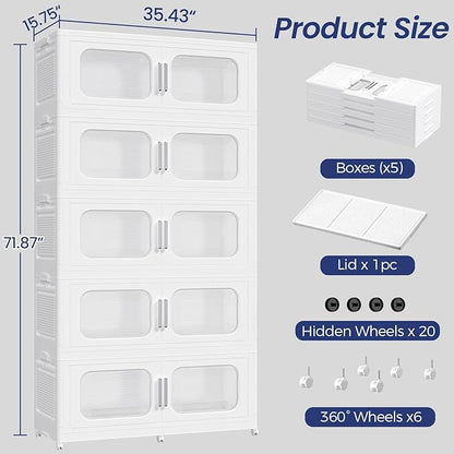 250GAL Extra Large Storage Bins with Lid, 1000QT Storage Bins with Wheels, Folding Closet Organizer, Stackable Collapsible Plastic Storage Containers for Home, Office, Dorm, 5Pack White