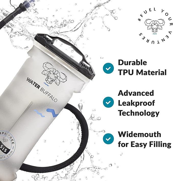 Water Buffalo Oasis Hydration Bladder – 2L and 3L Water Bladder for Hiking Backpack, Leakproof Design with Insulated Hose and High-Flow Bite Valve