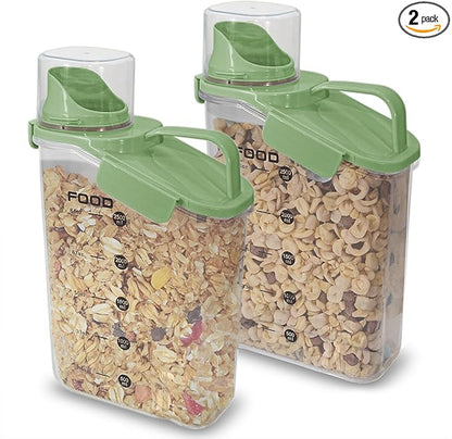 Two Pack Food & Cereal Storage Container - 2.6L Airtight Plastic Kitchen Organizer Bin with Pouring Spout, Measuring Cup Lid, Ideal for Dry Food, Rice, Sugar, Pet Food dispenser - BPA free (Green)
