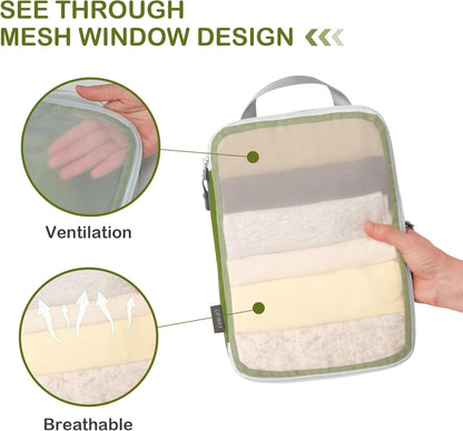 Cipway Compression Packing Cubes, See Through Mesh Luggage Organizer Bags, Travel Essentials for Carry on Suitcase with Laundry Bag and Clear Toiletries Bag（6 Pcs,Green）