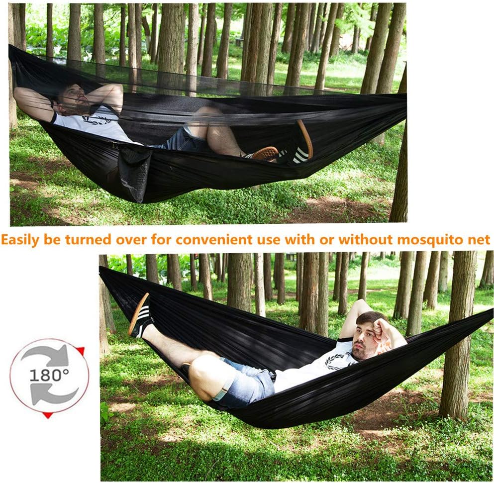 Camping Hammock with Rain Fly Tarp Mosquito Net Heavy Duty Tree Straps Portable Double Parachute Hammocks Tent Waterproof Rainfly Set Black