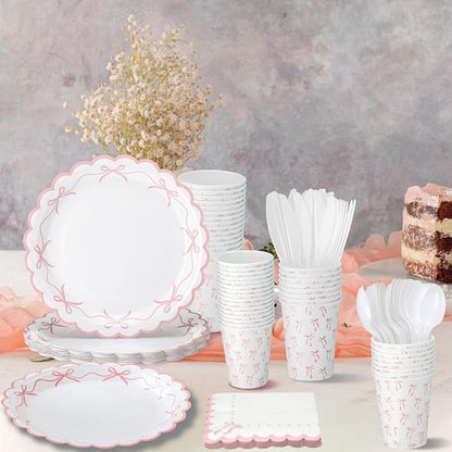Sieral 144 Pcs Coquette Birthday Party Decor, Scalloped Paper Plates, Napkins
