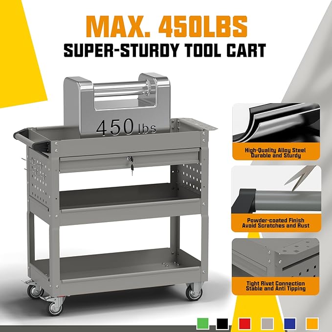 3 Tier Rolling Tool Cart with Drawers, 450 LBS Capacity Tool Cart on Wheels, Heavy Duty Rolling Utility Cart with Drawers, Rolling Utility Carts for Garage, Warehouse and Repair Shop,Gray