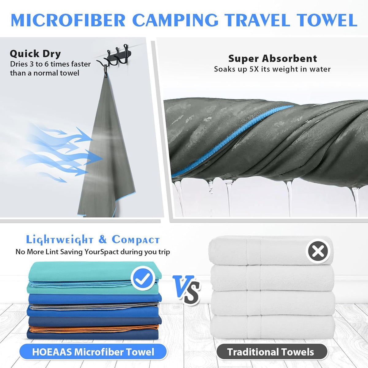 HOEAAS 2 Pack Microfiber Camping Towels, Quick Dry Towel, Super Absorbent Ultra Compact Travel Towel Soft Lightweight Sports Towel for Sweat Fast Drying Towels for Pool,Gym,Hiking,Backpacking,Fitness