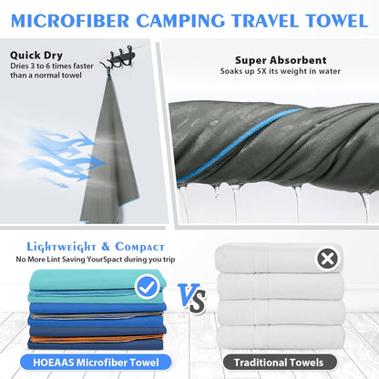 HOEAAS 2 Pack Microfiber Camping Towels, Quick Dry Towel, Super Absorbent Ultra Compact Travel Towel Soft Lightweight Sports Towel for Sweat Fast Drying Towels for Pool,Gym,Hiking,Backpacking,Fitness